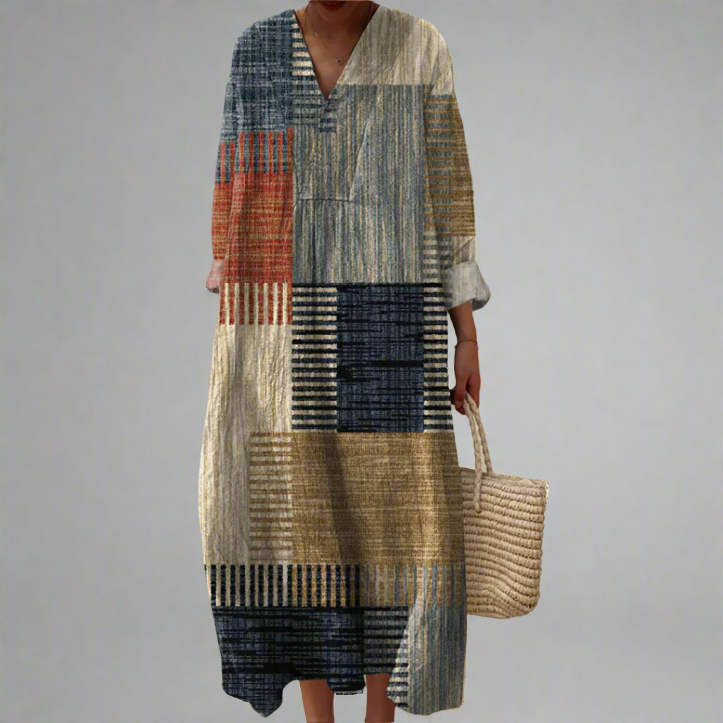 LINJA Stockholm™ | Patchwork Maxiklänning i Jordtoner